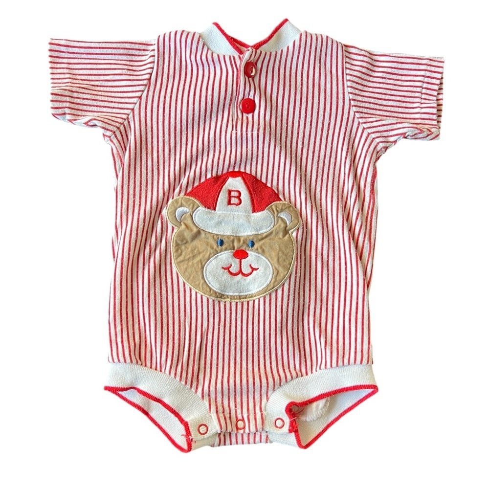 Vintage Pride N Joy Striped Bear Baseball Red White Baby Onesie Size 18 Months - Picture 1 of 8